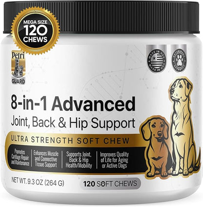 PetriGuard | Advanced Hip, Back & Joint Supplement for Dogs | Ultra Strength Formula w/ 8 Active Ingredients | USA Made & Veterinarian Approved | Glucosamine, Turmeric, MSM + 5 More - 120 Chews