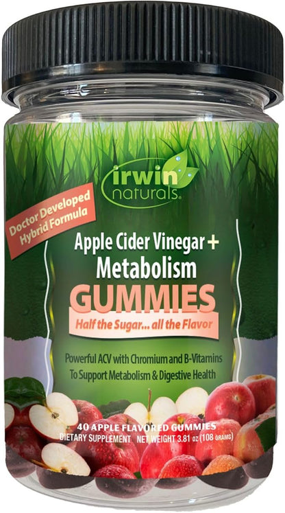 Irwin Naturals Gummies Apple Cider Vinegar + Metabolism, 1000mg, Chromium for Energy & Digestive Support, Vegan, 40 Gummies