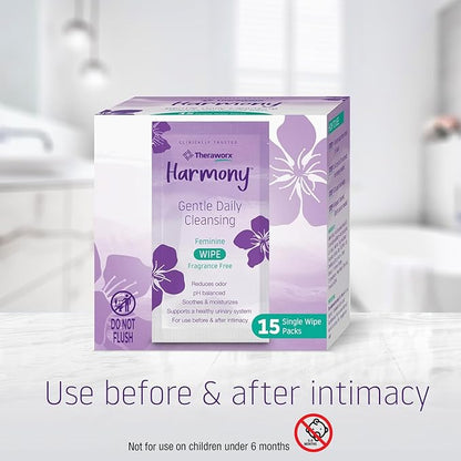 Theraworx Harmony Gentle Daily Cleansing Feminine Wipes Fragrance Free, Reduces Odor, Individually Wrapped, Travel Size – 15 Count (Pack of 4)