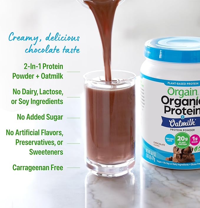 Orgain Organic Vegan Protein Powder + Oat Milk, Chocolate - 20g Plant Based Protein, Gluten Free, No Dairy, Soy or Lactose Ingredients, Low Sugar, Non-GMO, Kosher, For Shakes & Smoothies - 1.05lb