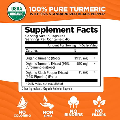 Organic Turmeric Curcumin with Black Pepper Extract 2000mg - High Absorption Ultra Potent Supplement - 95% Curcuminoids - Vegan, Non GMO - 120 Capsules