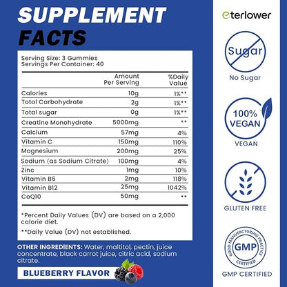 Creatine Monohydrate Gummies 5g – Pre-Workout Energy & Muscle Growth Support for Men & Women | Blueberry Electrolyte Gummies, 120 Count