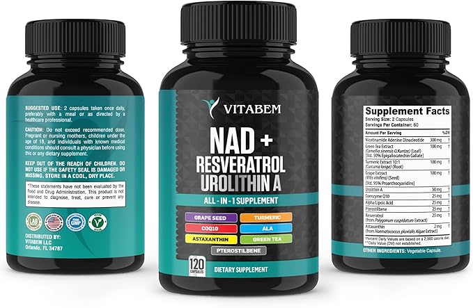 NAD+ Supplement Complex – NAD Supplement+ 300 mg with Astaxanthin, Urolithin A, Resveratrol, CoQ10 & Antioxidant Blend – Cellular Energy, Mitochondrial Support – 120 Count (Pack of 1)