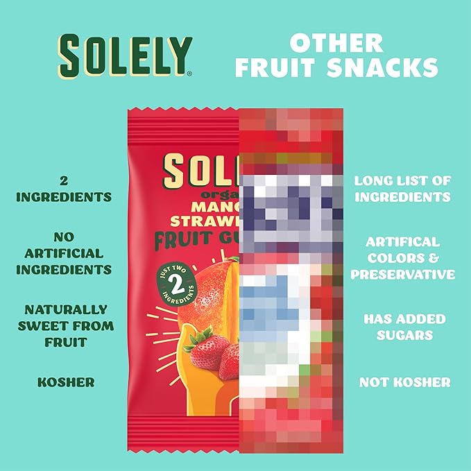SOLELY - Organic Mango & Strawberry Whole Fruit Gummies (Pack of 6 Boxes, 5 Bags per Box) - Real Fresh Fruit - Healthy Snacks for Adults & Kids - Non GMO, Vegan Snacks, Shelf Stable - 30 Bags (3.5 oz)