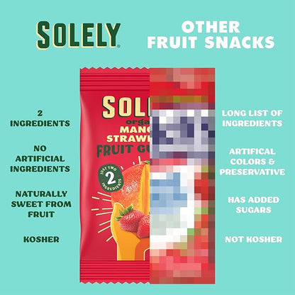 SOLELY - Organic Mango & Strawberry Whole Fruit Gummies (Pack of 6 Boxes, 5 Bags per Box) - Real Fresh Fruit - Healthy Snacks for Adults & Kids - Non GMO, Vegan Snacks, Shelf Stable - 30 Bags (3.5 oz)