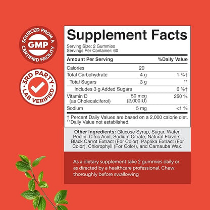 Natures Craft Vitamin D3 Gummies for Daily Wellness - Delicious Vitamin D Gummies for Adults with D3 2000IU per Serving Bone Muscle & Immune Support - Non-GMO Gelatin & Gluten Free - 120 Count