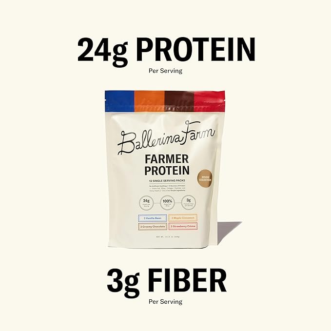 Ballerina Farm Grass Fed Whey Protein Powder, 4 Flavor Variety Pack, 24g Protein with Collagen Peptides, Bovine Colostrum, Hemp Hearts & Prebiotic Fiber, No Artificial Ingredients, 12 Servings