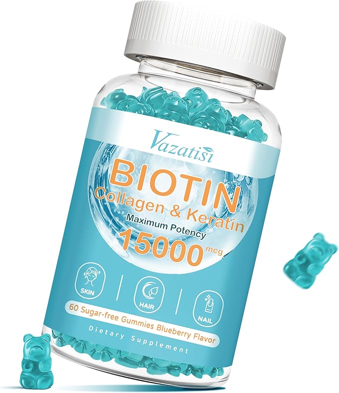Biotin with Collagen Gummies, Hair Skin and Nails Vitamins Gummies for Hair Growth, Glowing Skin & Strong Nails - Blueberry Flavor, Sugar Free, 60 Count