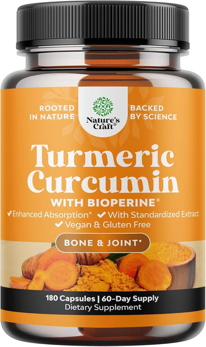 Turmeric Curcumin with Black Pepper Extract - Joint Health Turmeric Supplement with 95% Curcuminoids - Daily Joint Support Supplement with Turmeric and Bioperine for Enhanced Absorption - 180 Count