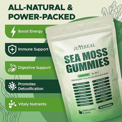 16 in 1 Sea Moss Gummies with Ashwagandha Black Seed Oil Bladder Wrack Turmeric Vitamin C & D3 with Manuka Burdock Root, Irish Sea Moss Gummies for Women & Men, Vegan Green Apple, 2 Pack