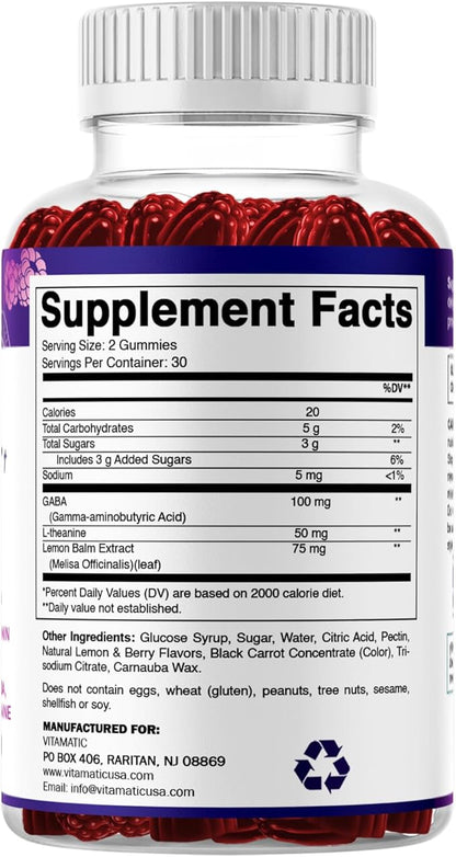 Vitamatic Stress Relief Gummies with GABA, L-Theanine, Lemon Balm – Lemon & Mixed Berry Flavor – 60 Gummies – Vegan, Non-GMO, Gluten-Free