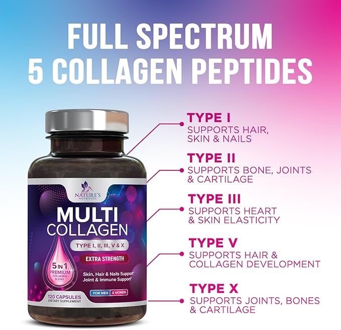 Multi Collagen Pills 2400 mg Per Serving - Advanced Types I, II, III, V, X - Hydrolyzed Multi Collagen Peptides Pills Supplement for Women & Men - Hair, Skin, & Nail Support Supplements - 120 Capsules