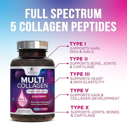 Multi Collagen Pills 2400 mg Per Serving - Advanced Types I, II, III, V, X - Hydrolyzed Multi Collagen Peptides Pills Supplement for Women & Men - Hair, Skin, & Nail Support Supplements - 120 Capsules