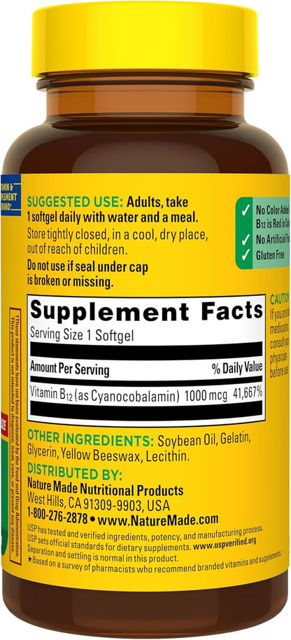 Nature Made Vitamin B12 1000 mcg, Dietary Supplement for Energy Metabolism Support, B12 Vitamins 1000 mcg, 150 Softgels, 150 Day Supply