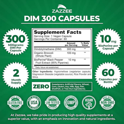 Zazzee DIM 300 mg Per Capsule, 60 Count, Plus 10 mg BioPerine, Estrogen Balance, Hormonal Acne, Menopause Support, Hormonal Balance, Diindolylmethane, Vegan, All-Natural, Non-GMO, Made in The USA