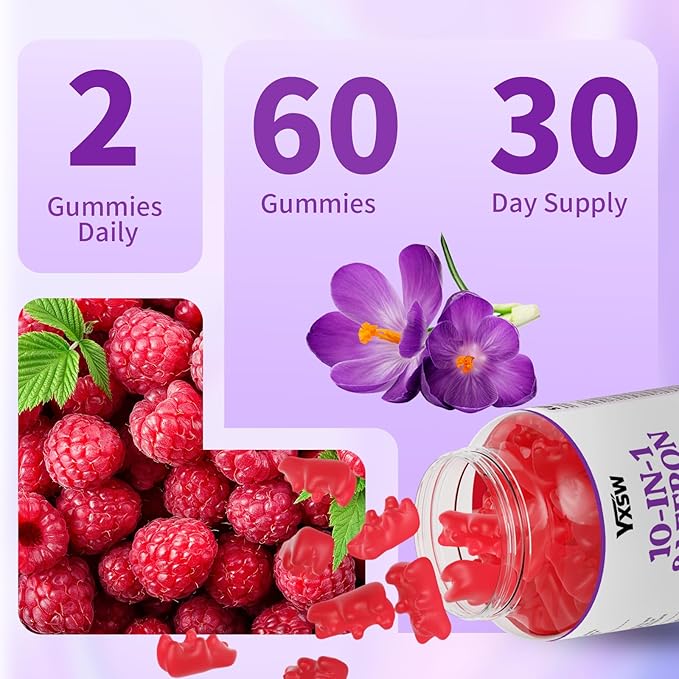 Saffron Gummies, Saffron Supplements for Kids & Adults with Ashwagandha, L-Theanine, Lemon Balm, Vitamin D3, B6, Magnesium & Zinc - Support Focus, Relaxation, Raspberry Flavor, 60 Count