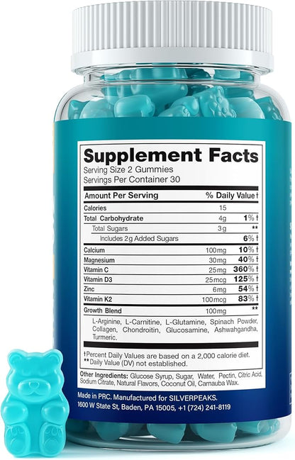 SILVERPEAKS Height Growth Gummies for Kids, Teens & Adults - Height Growth Maximizer Supplement with Calcium, Vitamins D3 & K2, Magnesium, Zinc for Bone Strength & Height Increase - 60 Gummy Chews