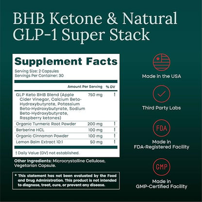 Ketosis & GLP-1 Supplement Weight Loss for Women and Men - Appetite Suppressant, Fat Burner and Metabolic Health with BHB Ketones, Apple Cider Vinegar, Berberine HCL, Turmeric, Cinnamon - Made in USA