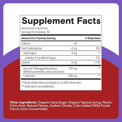 SmartyPants Adult Stress Support Gummies: Fast-Acting Calm & Mood Support with L-Theanine 200mg & Ashwagandha (Sensoril), Non-Drowsy, Mixed Berry Flavor, 60 Count (30 Day Supply)