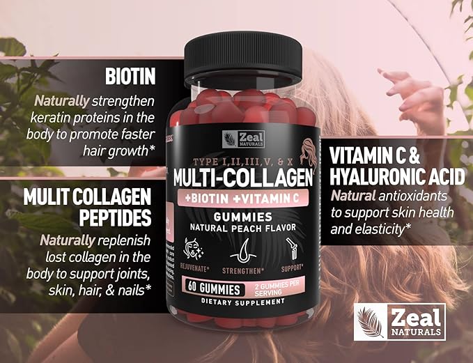 Multi Collagen Peptide Gummies (1, 2, 3, 5 & 10) + Vitamin C + Biotin + Hyaluronic Acid | Supports Healthy Hair, Skin, and Nails | Non-GMO and Gluten-Free | Natural Peach Flavor | 60 Gummies