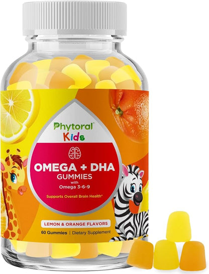 Kids Omega and DHA Gummies - Fatty Acids Omega 3 6 9 with Vitamin C for Vision - Nutritional DHA for Kids for Healthy Nervous System & Focus Support - Fish Free - 60 Count