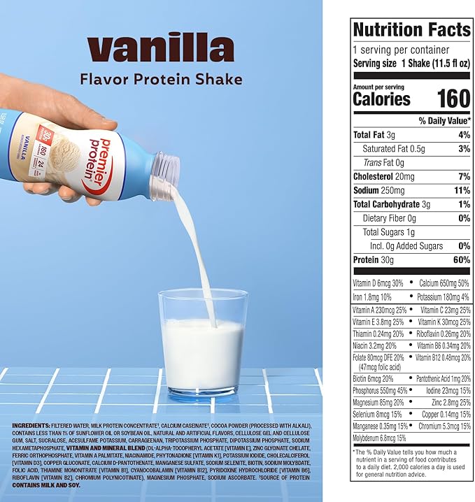 Premier Protein Shake, Vanilla, 30g Protein, No Added Sugar, 24 Vitamins & Minerals to Support Immune Health, 11.5 fl oz, 6 Pack