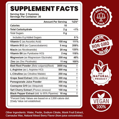 Beet Root Gummies - Nitric Oxide Booster Supplements for Men & Women with Beetroot, L-Citrulline & L-Arginine - Heart, Muscle & Circulation Support - Sugar Free, Vegan, Mixed Berry Flavor, 60 Gummies