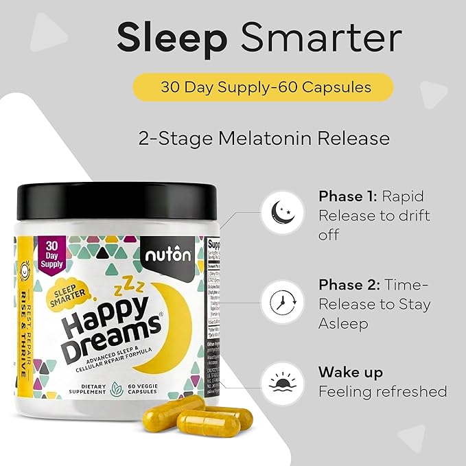 Nuton Happy Dreams Natural Sleep Aid Supplement & Cellular Vitality - Melatonin Sleep Aid for Adults, Time Release Formula with ETAS Asparagus, L-Serine and Venetron Extract, 60 Veggie Capsules