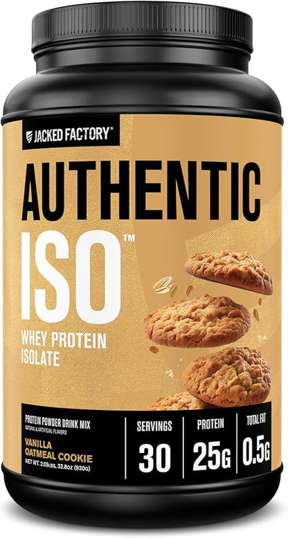 Jacked Factory Authentic ISO Whey Protein Isolate Powder - Low Carb, Non-GMO Muscle Building Protein w/No Fillers, Post Workout Recovery - 30 Servings, Vanilla Oatmeal Cookie