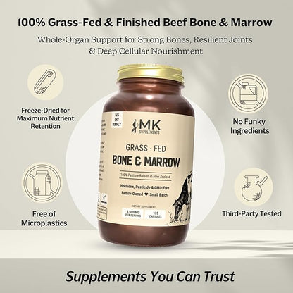 MK Supplements Grass-Fed Bone & Marrow Capsules | Collagen Types I & II + Bone Peptides + Marrow | Whole-Food Calcium Matrix | New Zealand Raised | 135 Capsules