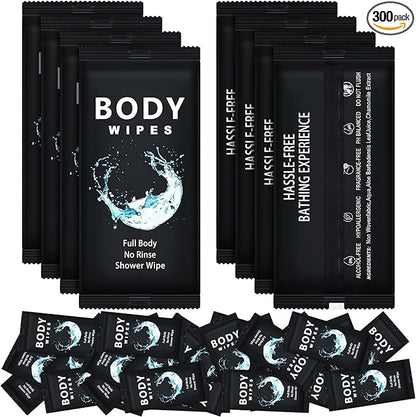 Treela 300 Pcs Large Body Wipes Bulk Deodorant Travel Size for Homeless Care Package Supplies Individually Wrapped Adults Bathing No Rinse Wet Wipes Men Women Hygiene Items(7.09" X 9.84",Black)