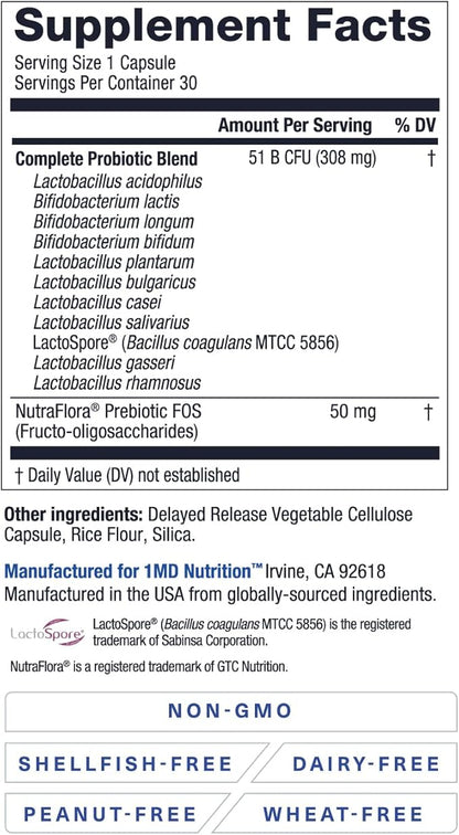1MD Nutrition Complete Probiotics Platinum - w/Prebiotics and Probiotics for Digestive Health - Probiotic Supplement for Women & Men - More Than 50 Billion Live CFU 11 Strains Dairy-Free - 30 Caps
