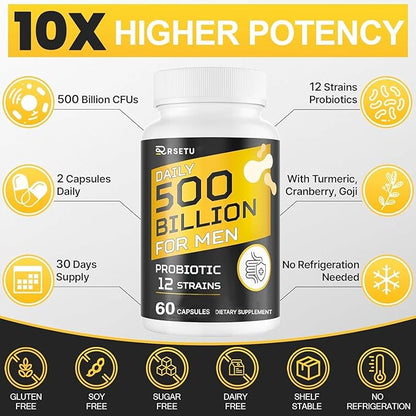 Probiotics for Men, 500 Billion CFUs & 12 Strains Mens Probiotic with Turmeric Cranberry, Goji, Gut Health for Men, for Digestive Health, Gut, Bloating & Gas, Immune, Energy Support, 60-Day Supply