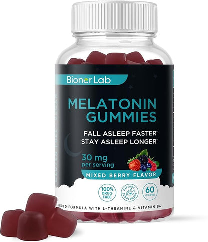 BionerLab Melatonin Gummies (30mg) Enhanced with L-theanine & Vitamin B6 for Adult Women Men - Extra Strength Chewables Calm Gummy - Gluten Free