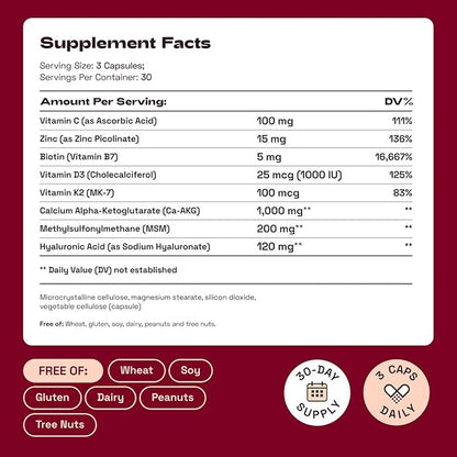Hair Skin and Nails Vitamins for Women – Biotin Collagen Hair Supplement | Hyaluronic Acid | Calcium AKG | MSM | Vitamin D3 K2 & C – Hair Growth Vitamins for Women – 30 Day Supply (1 Pack)