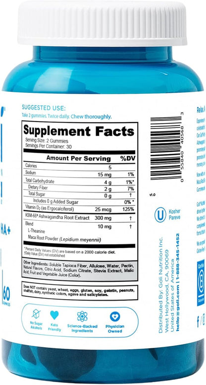 Goli Zero Sugar Ashwagandha Gummies, 60 Count Each (3 Pack, 180 Total) – with KSM-66, L-Theanine, Maca and Vitamin D - No Sugar Alcohols - Vegan, Keto-Friendly, Non-GMO