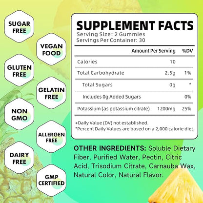 Potassium Citrate Gummies, High Potassium Supplement Gummies 1200mg Support Leg Cramps & Muscle Health, Vegan, Pineapple Flavor 60 Count