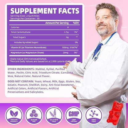 2 Pack Vitamin B1 Gummies 500mg for Adults & Kids – High Potency Thiamine B1 Supplement for Energy & Nervous System Support, Sugar-Free, Raspberry Flavor, 120 Count