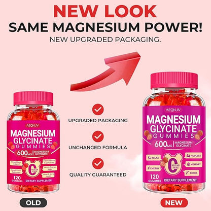 Magnesium Glycinate Gummies 600mg, Chewable Sugar Free Gummies with Magnesium Glycinate, Vitamin D, B6 and CoQ10 for Sleep, Relaxation, Brain and Muscle, 2 Pack