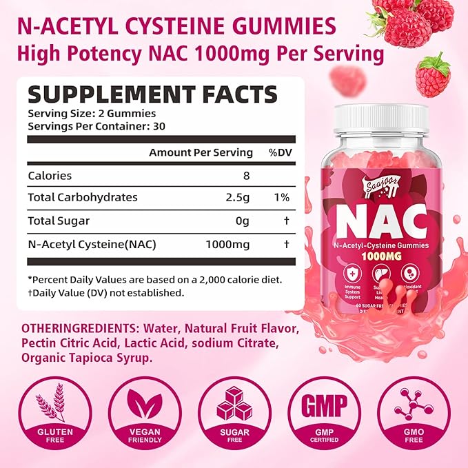 2 Pack NAC Gummies Sugar-Free, N-Acetyl Cysteine NAC Supplement 1000mg for Antioxidants, Immune Support, Non-GMO, Gluten-Free, Vegan – Raspberry Flavor, 120 Gummies