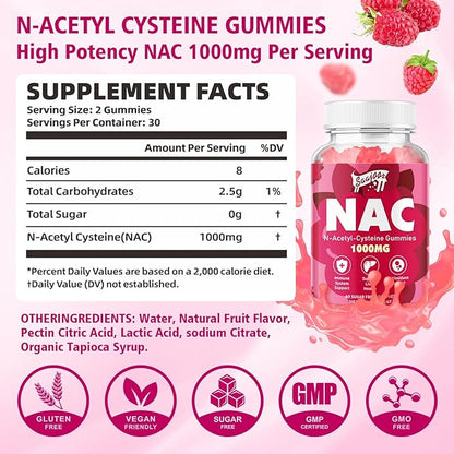 2 Pack NAC Gummies Sugar-Free, N-Acetyl Cysteine NAC Supplement 1000mg for Antioxidants, Immune Support, Non-GMO, Gluten-Free, Vegan – Raspberry Flavor, 120 Gummies