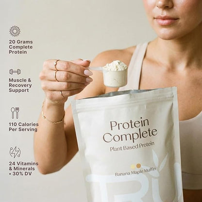 TRU Supplements Plant Based Protein Powder, BCAA, EAA, 20g Vegan Brown Rice & Pea Protein, 100 Calories, 27 Vitamins, No Artificial Flavors 25 Servings (Banana Maple Muffin)