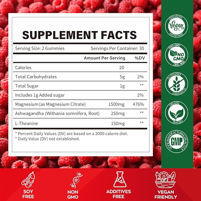 High Absorption Magnesium Gummies for Adults，Magnesium Supplement for Muscle, Nerve, Bone and Heart Support, Vegan, Non-GMO，Raspberry Flavor (60 Count（Pack of 1）)