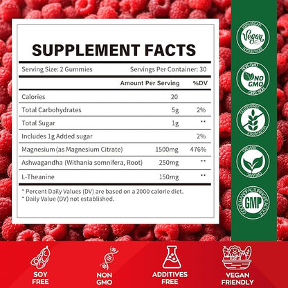 High Absorption Magnesium Gummies for Adults，Magnesium Supplement for Muscle, Nerve, Bone and Heart Support, Vegan, Non-GMO，Raspberry Flavor (60 Count（Pack of 1）)