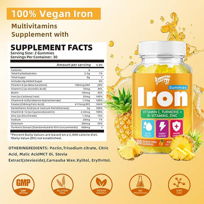 2 Pack Iron Gummies with Multivitamin for Adults & Kids – Packed with Vitamin B6, B12, C, Zinc, and Folate – for Blood Health & Energy Boost – Pineapple Flavor, Vegan-Friendly, 120 Gummies
