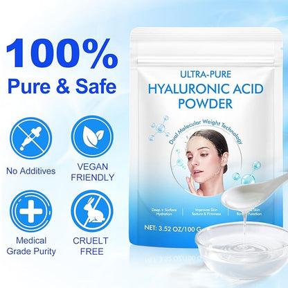 Pure Hyaluronic Acid Powder for Face & Joints, Dual Molecular Weight for Deep Hydration, Anti-Aging, DIY Serum Ingredient, 1 Scoop = 1 Bottle of Essence, 3.52 Oz