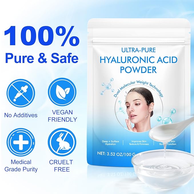 Hyaluronic Acid Serum Powder for Skin,Low and High Molecular Weight,Cosmetics Grade Skin Hydration and Moisture Support Supplements - Vegan, Water Soluble 200 Grams