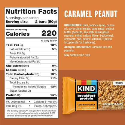 KIND Breakfast Protein Bars, Caramel Peanut, Healthy Snacks, Gluten Free, 8g Protein, 6 Count