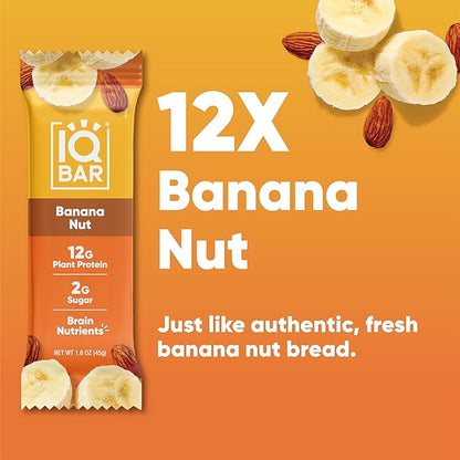 IQBAR Clean Plant Protein Bars - Banana Nut - 12 Count - Keto, Vegan, High Fiber, Gluten and Dairy Free, Low Sugar Snack - Brain and Body Nutrients for Focus, Energy, Meal Replacement