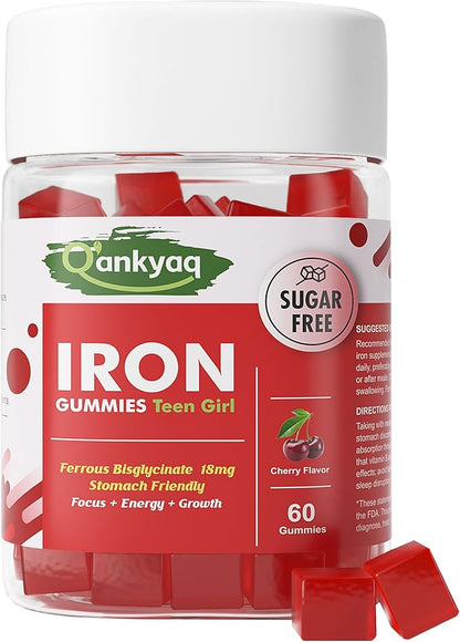 Iron Gummies for Teen Girls, Gentle Iron Bisglycinate with Vitamin C, Iron Supplement Plus Folate, Energy & Anemia Support, Chewable, Sugar Free, 60 Gummies